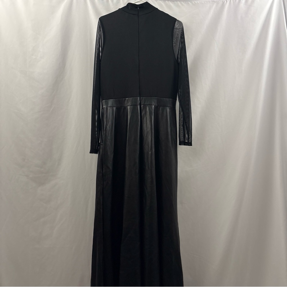 Ashley Stewart Black Faux Leather Long Sleeve Maxi 14/16 Dress Sheer Mock Neck - Picture 7 of 9
